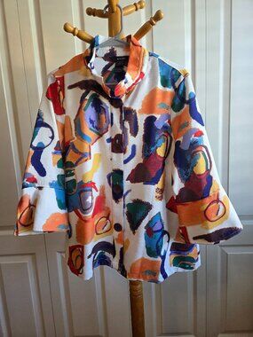 Ali Miles Abstract Multi Print Wire Collar 3/4 Sleeve Button-Front Jacket Size S